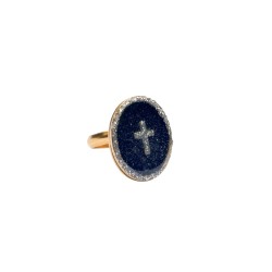 Bague émaillé noir PM croix