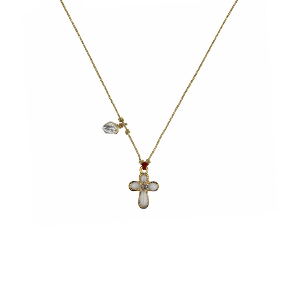 Collier Croix sur cordon Or - Émaillé blanc