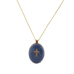 Collier fil or Croix fond Lapis Lazuli