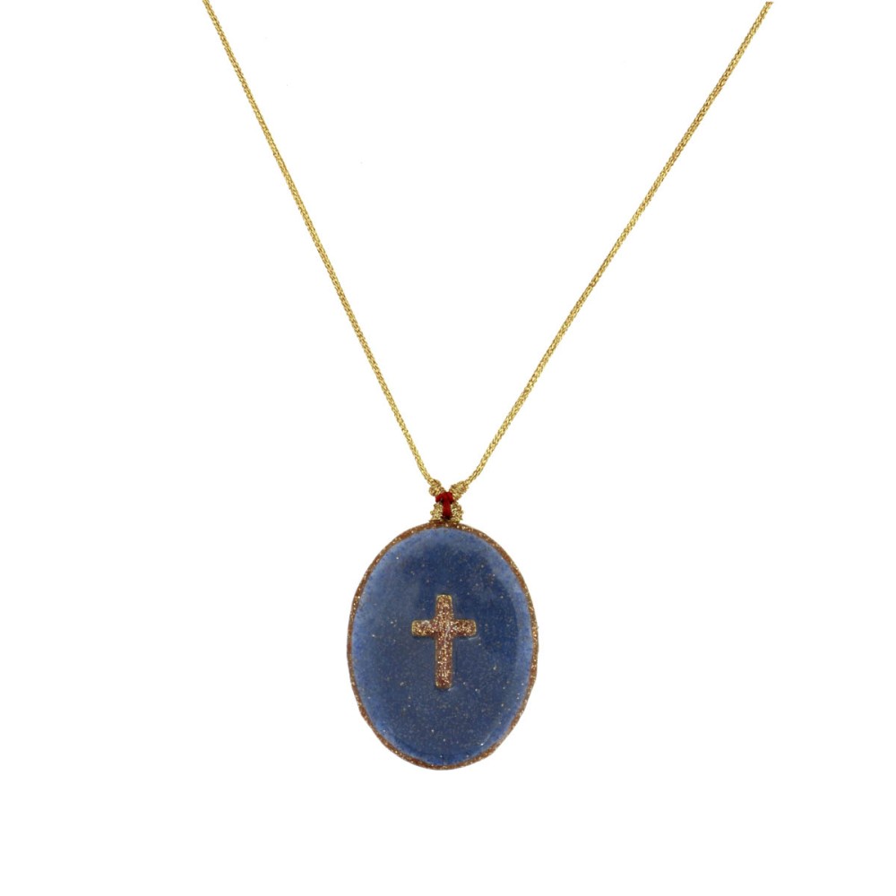 Collier fil or Croix fond Lapis Lazuli