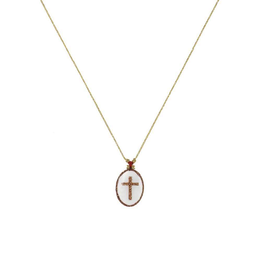 Collier médaillon croix PM émaillé blanc sur fil or
