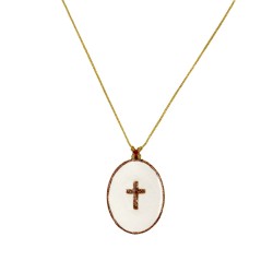 Collier médaillon madone émaillé blanc sur fil or