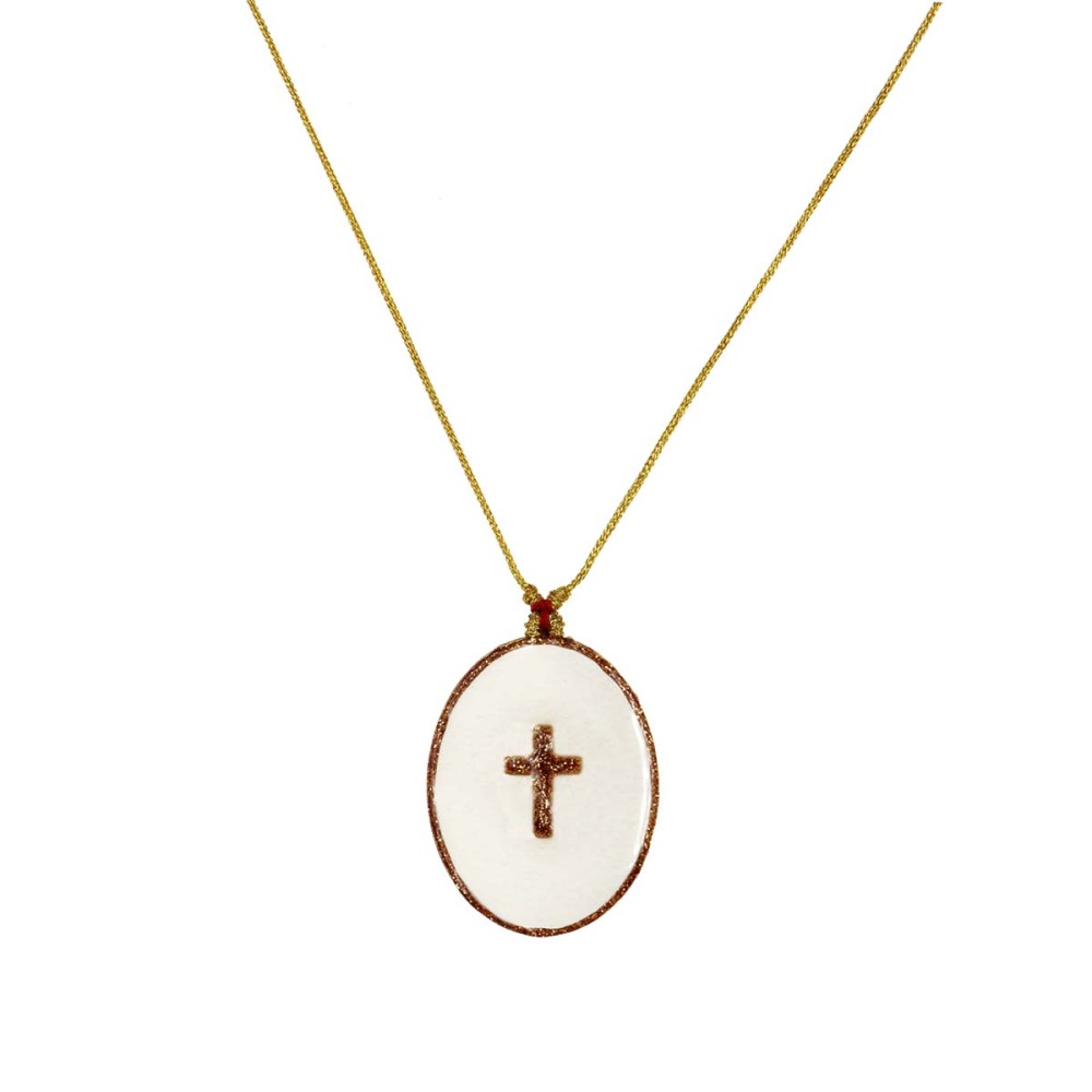 Collier médaillon madone émaillé blanc sur fil or