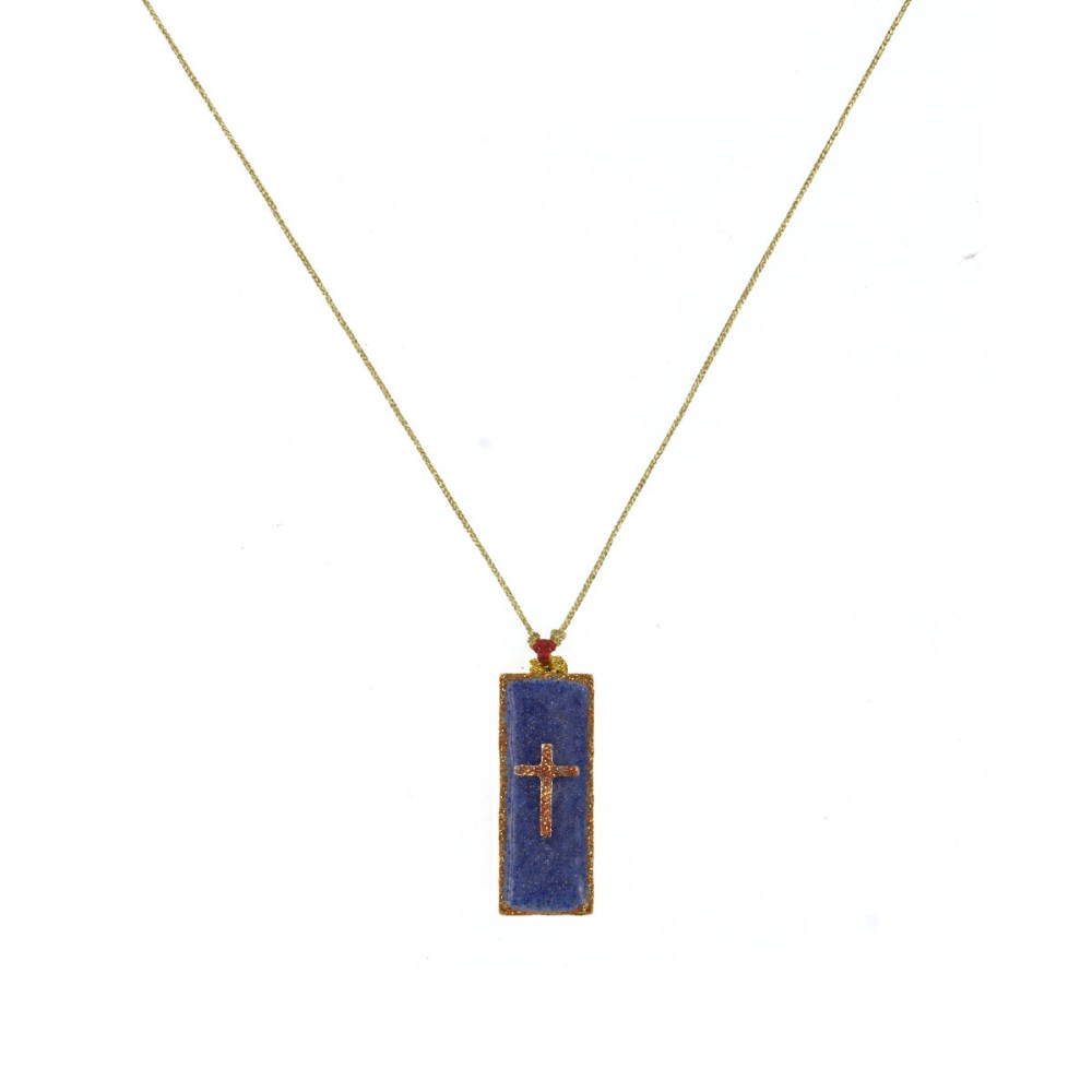 Collier barrette croix émaillé lapis lazuli sur fil or vanessa simon